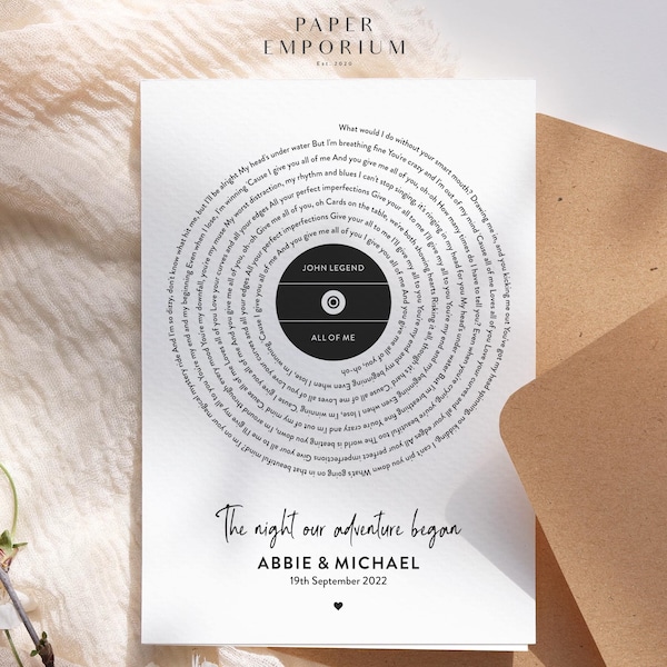 Tarjeta con letra musical personalizada: regalo de boda, aniversario o compromiso para novio, novia, esposo o esposa.