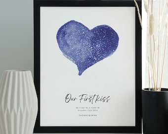 First Kiss - Personalised Star Map Print, Night We Met Anniversary Gift, Stars The Night Sky, Stars Above Map Poster, Wedding Gift #173