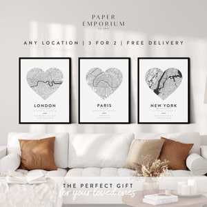 Any Location - 3 for 2 Offer - Custom Map Prints - Heart Map Prints Any Location, 3 for 2 Offer, - Heart Shaped Love Print, Anniversary #404