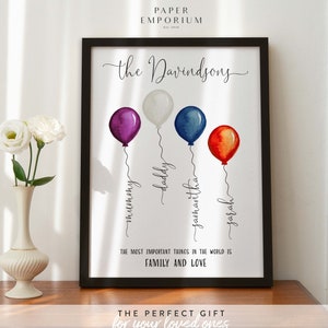 Balloon Family Customized Print, Balloon Gift Print Family, Fathers Day, Gift for Mum, Personalized Family Print, Wall Décor, Gift Kids #195
