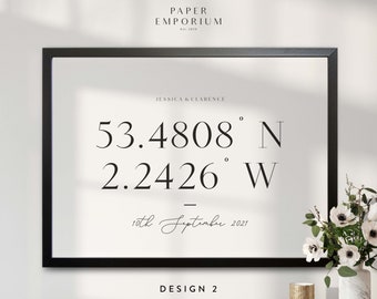 Impresiones de ubicación para regalos de boda totalmente personalizadas, impresiones de ciudades, impresiones de coordenadas personalizadas, latitud y longitud, regalo de boda, pareja personalizada n.° 102