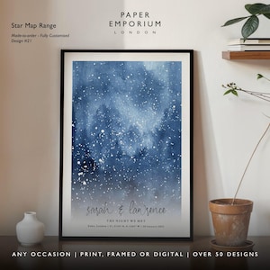 May include: Framed star map print with a watercolor-style night sky in shades of blue and white. The print includes the names "sarah & lanrence" and the text "THE NIGHT WE MET" with a date and location. The print is displayed on a wall.