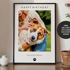 May include: A personalized birthday card featuring a colorful illustration of a dog and a person. The card says "Happy Birthday" and "Lots of love Baxter".