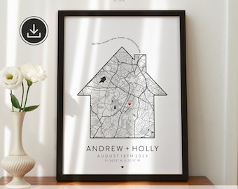 May include: A black and white printable map of a city in the shape of a house with a red heart marking a location. The text "ANDREW + HOLLY AUGUST 18TH 2023 51.5072° N, 0.1276° W" is below the map.