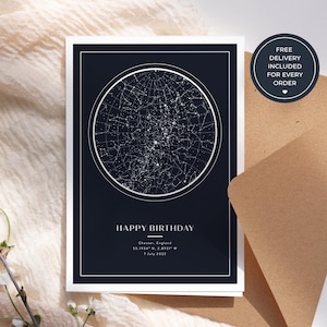 May include: A rectangular greeting card with a dark navy blue background featuring a white circular star map. The text reads HAPPY BIRTHDAY, Chester, England, 53.1934 N, 2.8931 W, 7 July 2022. A white border frames the design on the card surface.