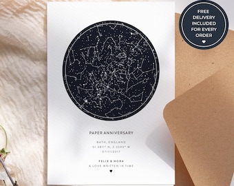 Anniversary Greeting Card with Personalised Star Map, Custom Night Sky Card for Couples