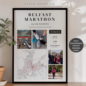 Mapa de conclusão da Maratona de Belfast ou qualquer corrida - Presente perfeito para corredores, dados de conclusão personalizados, Comemore, 10k 5k Presente nº 314