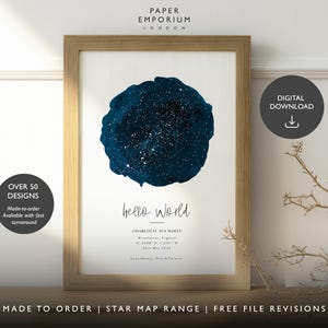 Carte des étoiles Hello World New Baby, cadeau d'anniversaire de naissance spécial, impression de ciel nocturne, affiche de carte des étoiles, cadeau de mariage, constellation, téléchargement #431
