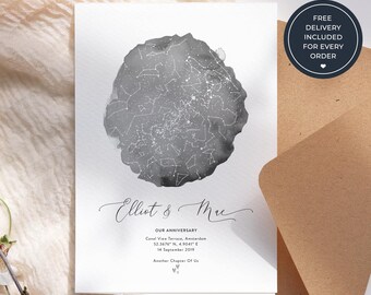 Personalised Couple Anniversary Card, Custom Night Sky Star Map Greeting Card, Romantic Keepsake