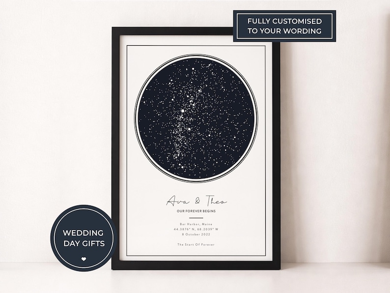 May include: A framed print featuring a dark blue celestial map within a white border. The print includes the text "Ava & Theo OUR FOREVER BEGINS" and location details. The words "FULLY CUSTOMISED TO YOUR WORDING" are at the top.