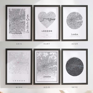 May include: Six black framed prints of a map of London, England. Each print has a different design, including a heart, a circle, and a square. The prints are labeled with the names "Axis", "Hart", "Azur", "Minh", "Noir", and "Skye".
