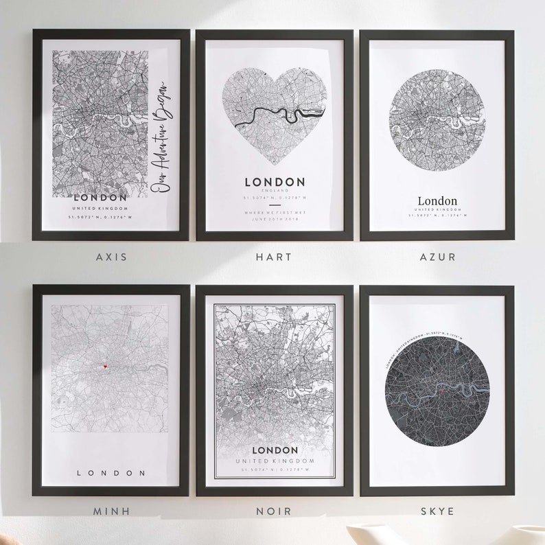May include: Six black framed prints of a map of London, England. Each print has a different design, including a heart, a circle, and a square. The prints are labeled with the names "Axis", "Hart", "Azur", "Minh", "Noir", and "Skye".