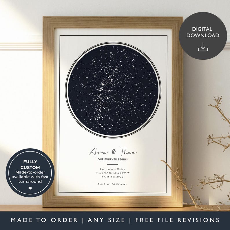 May include: A framed print featuring a dark blue celestial map with white stars. The print includes the names "Ava & Theo" and the text "Our Forever Begins." Additional text includes location, date, and the words "Digital Download."
