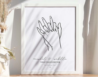Couples Love Hand Print - Valentines, His and Her Together Forever, Line Art Drawing, Wedding Day, Couple Print Poster, Wall Décor Gift #110