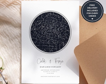 Anniversary Greeting Card with Personalised Star Map, Custom Night Sky Card for Couples