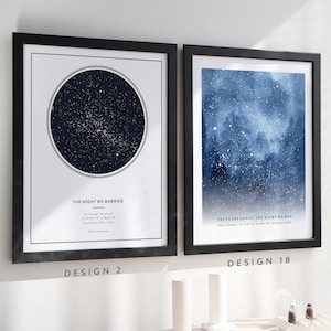 May include: Two framed star maps with blue and white watercolor backgrounds. The left image features a dark blue circle with white stars representing the night sky on September 19th, 2017. The right image features a blue watercolor background with white stars. The text "THE NIGHT WE MARRIED" is below the star map on the left. The text "THE STARS ABOVE, THE NIGHT WE MET" is below the star map on the right. The text "DESIGN 2" is below the left frame and the text "DESIGN 18" is below the right frame.