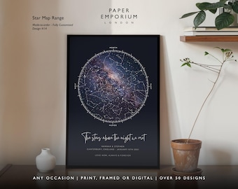 May include: A dark blue poster with a white star map and the text "The stars above the night we met" with the names Hannah & Stephen, Canterbury, England, January 15th 2021, Love Now, Always & Forever. The poster is framed in a black frame and is hanging on a wall.