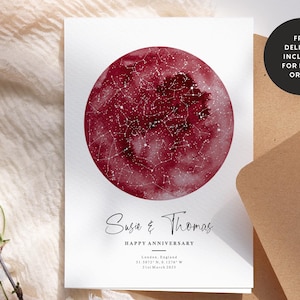 Tarjeta de aniversario con mapa estelar o tarjeta de cumpleaños/aniversario personalizada, primer cumpleaños personalizado, tarjeta con mapa estelar, tarjetas para esposa y esposo #185