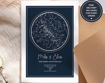 Personalised Couple Anniversary Card, Custom Night Sky Star Map Greeting Card, Romantic Keepsake