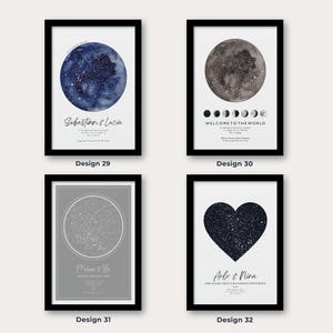 May include: Four framed art prints with black frames. The prints feature celestial designs: a blue watercolor circle with stars, a gray moon with phases, a gray star map, and a heart-shaped star map. Each print includes names and dates.