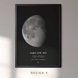 May include: A black and white photo of the moon on August 30th, 2021. The text "August 30th, 2021", "SARAH & JONATHAN", "51.1072&deg; N, 9.1276&deg; W", and "LOVE ALWAYS & FOREVER" is printed below the moon.