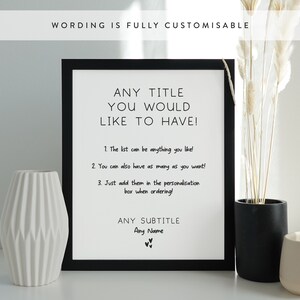 Puede incluir: Una impresi&oacute;n enmarcada en negro con texto blanco que dice "ANY TITLE YOU WOULD LIKE TO HAVE!" El texto contin&uacute;a con una lista numerada de instrucciones para personalizar la impresi&oacute;n. La lista dice: "1. La lista puede ser cualquier cosa que te guste! 2. Tambi&eacute;n puedes tener tantas como quieras! 3. Solo agr&eacute;galas en la casilla de personalizaci&oacute;n al hacer el pedido!" La impresi&oacute;n tambi&eacute;n incluye el texto "ANY SUBTITLE" y "Any Name".