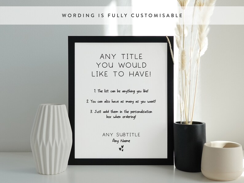 Puede incluir: Una impresi&oacute;n enmarcada en negro con texto blanco que dice "ANY TITLE YOU WOULD LIKE TO HAVE!" El texto contin&uacute;a con una lista numerada de instrucciones para personalizar la impresi&oacute;n. La lista dice: "1. La lista puede ser cualquier cosa que te guste! 2. Tambi&eacute;n puedes tener tantas como quieras! 3. Solo agr&eacute;galas en la casilla de personalizaci&oacute;n al hacer el pedido!" La impresi&oacute;n tambi&eacute;n incluye el texto "ANY SUBTITLE" y "Any Name".