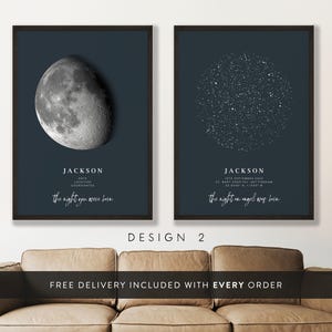 Impression personnalisée d'étoiles et de lune pour toutes les occasions, cadeau d'anniversaire de notre rencontre, impression de ciel nocturne, carte des étoiles, mariage, constellation #129
