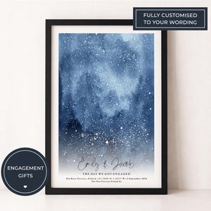 May include: A framed print with a watercolor-style blue and white design. The print includes the names "Emily & Jacob" and the text "THE DAY WE GOT ENGAGED." The frame is black, and the print is labeled "ENGAGEMENT GIFTS."