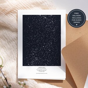 Puede incluir: Una impresión rectangular blanca que presenta un cielo nocturno azul marino oscuro lleno de estrellas blancas. Debajo del campo de estrellas, el texto dice: SINCE 2022, LOTTIE & GEORGE, Riverside Quay, Liverpool, 53.4084 N, 2.9916 W, 21 August 2022, Growing Stronger Every Day.