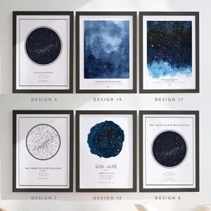 Puede incluir: Seis dise&ntilde;os diferentes para una impresi&oacute;n de mapa de estrellas. Cada dise&ntilde;o presenta un esquema de color y una disposici&oacute;n diferentes. El texto en las impresiones incluye la fecha y la ubicaci&oacute;n de un evento especial, como una boda o un aniversario. El texto tambi&eacute;n incluye la frase "La noche que..." seguida del evento, como "La noche que nos comprometimos" o "La noche que nos conocimos".