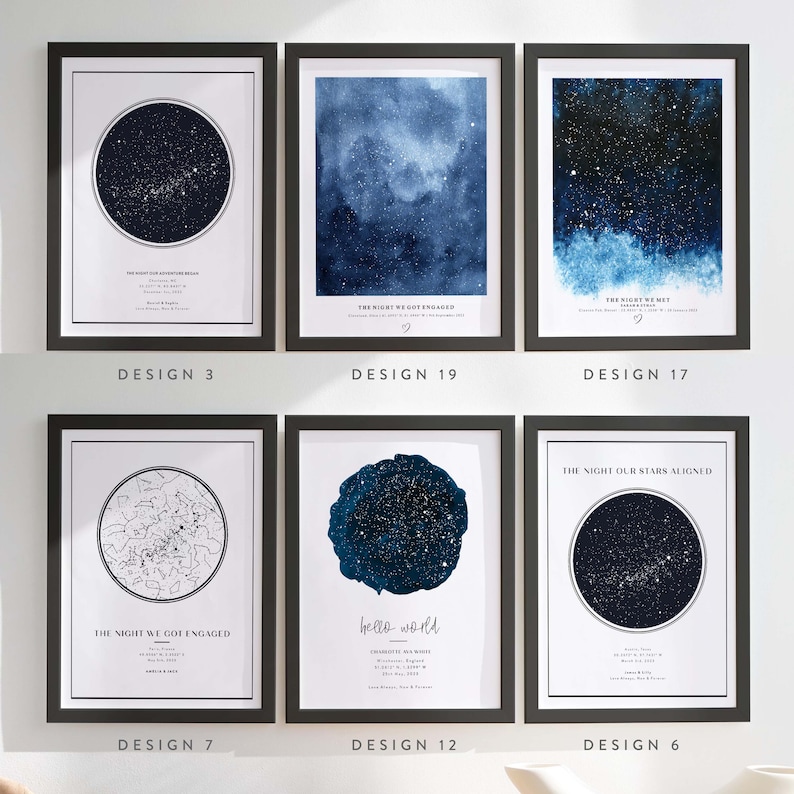 Puede incluir: Seis dise&ntilde;os diferentes para una impresi&oacute;n de mapa de estrellas. Cada dise&ntilde;o presenta un esquema de color y una disposici&oacute;n diferentes. El texto en las impresiones incluye la fecha y la ubicaci&oacute;n de un evento especial, como una boda o un aniversario. El texto tambi&eacute;n incluye la frase "La noche que..." seguida del evento, como "La noche que nos comprometimos" o "La noche que nos conocimos".