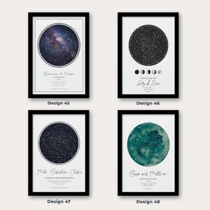 May include: Four framed art prints with black frames. Each print features a circular design of a night sky or celestial body. Text includes names, dates, and phrases like "The Night We Met" and "The Day You Were Born."