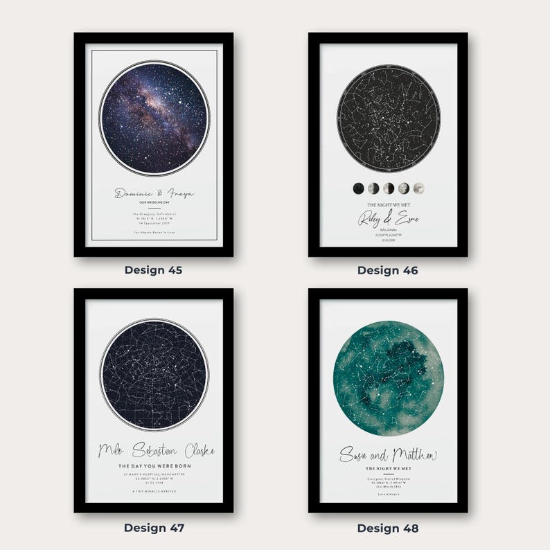 May include: Four framed art prints with black frames. Each print features a circular design of a night sky or celestial body. Text includes names, dates, and phrases like "The Night We Met" and "The Day You Were Born."