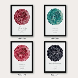 May include: Four framed prints with black frames. Each print features a circular design resembling a celestial map. Designs include a red and white moon, a teal and white star map, and a dark blue star map. Text is included on each print.