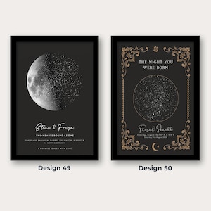 May include: Two framed art prints. Design 49 features a grayscale moon image with text: "Ethan & Freya, Two Hearts Bound as One." Design 50 has a star map with text: "The Night You Were Born, Faisal Shaill."