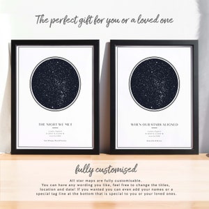 Puede incluir: Dos impresiones enmarcadas en negro con fondos blancos y un mapa de estrellas azul marino dentro de cada marco. El texto "The Night We Met" y "When Our Stars Aligned" est&aacute; impreso debajo de los mapas de estrellas.