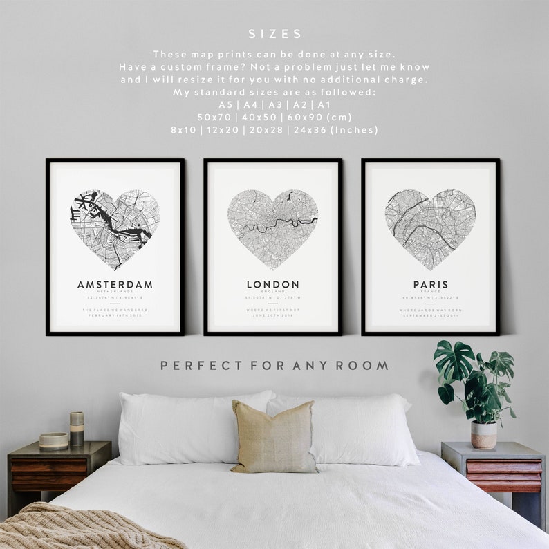 Custom Heart Map Prints, Any Location, 3 for 2 Offer, - Heart Shaped Love Map Prints, Anniversary Gift Map Prints. Where we Met Map Prints 