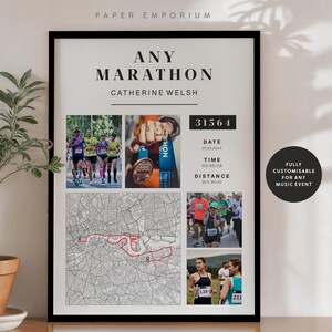 Puede incluir: Impresi&oacute;n enmarcada en negro con el texto "ANY MARATHON" y el nombre "CATHERINE WELSH". La impresi&oacute;n incluye fotos de corredores, una medalla y un mapa. La distancia es de 42,195 kil&oacute;metros.