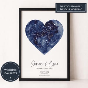 Puede incluir: Una impresión enmarcada con un diseño en forma de corazón de un cielo estrellado en azul y blanco. La impresión incluye los nombres "Roman & Come" y el texto "THE DAY WE SAID I DO". Las palabras "WEDDING DAY GIFTS" y "FULLY CUSTOMISED TO YOUR WORDING" también son visibles.