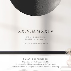 May include: A black and white printable poster with a black circle representing the moon. The text reads "XX.V.MMXXIV" and "SARAH & JONATHAN 51.5072&deg; N. 0.1276&deg; W TO THE MOON AND BACK". The poster is framed in a black frame.