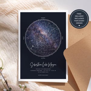 Biglietto d'auguri personalizzato per il compleanno, Mappa stellare della notte in cui sei nato, Ricordo personalizzato del cielo notturno