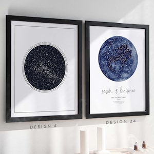 Op de afbeelding: Twee ingelijste sterrenkaarten met een blauwe aquarel achtergrond. De linker kaart heeft de tekst "The night you asked & I said yes." De rechter kaart heeft de tekst "Sarah & Lawrence The night we met."