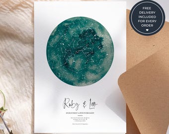 Personalised Couple Anniversary Card, Custom Night Sky Star Map Greeting Card, Romantic Keepsake