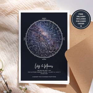 May include: A personalized star map print featuring a detailed depiction of the night sky. The print includes the names "Lily & Marcus", date, and location. The design is set against a dark blue background with a white border, and includes the text "A moment that changed everything."