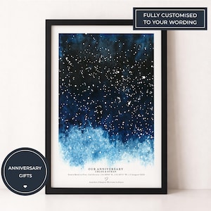 May include: A framed print featuring a watercolour representation of a starry night sky in blue and white. The print is in a black frame and includes the text "OUR ANNIVERSARY" and "FULLY CUSTOMISED TO YOUR WORDING". A circular sticker says "ANNIVERSARY GIFTS".
