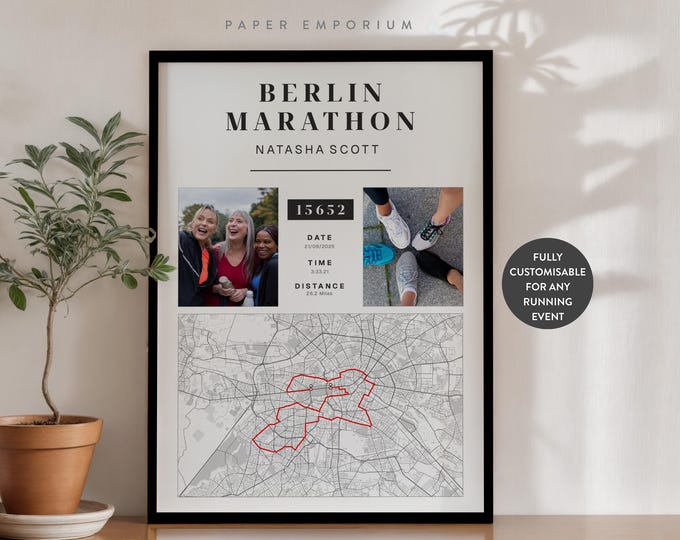 Carte d'achèvement de Berlin ou de n'importe quel marathon ou course à pied - Cadeau parfait pour les coureurs, marathon, données d'achèvement personnalisées, commémoration, cadeau n° 428
