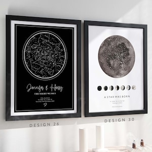 Op de afbeelding: Twee zwart ingelijste prints met witte tekst en een zwart-wit sterrenbeeldontwerp. De linker print zegt "Jennifer & Harry The Night We Met" met een datum en locatie. De rechter print zegt "A Star Was Born" met een datum en naam.