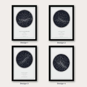 May include: Four framed star map prints. Each print features a dark blue circular star map design with white stars, set against a white background. The prints are in black frames, with text at the bottom of each print. The text includes dates and locations.