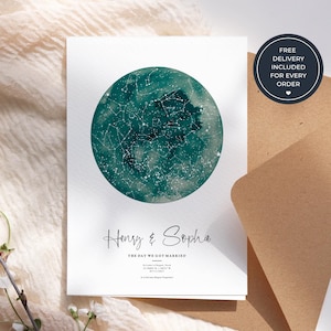 May include: A personalized wedding print featuring a teal watercolor celestial map. The names "Henry & Sophie" are displayed in elegant script, with the date and location of the wedding below. A brown envelope is included.